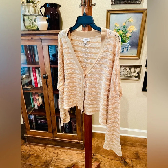 Umgee oversized cropped mohair blend button cardigan sweater SZ L tan white - Picture 3 of 8